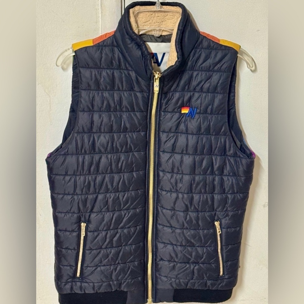 Aviator Nation Navy sunburst Puffer Vest with Rainbow Accents - Picture 2 of 3